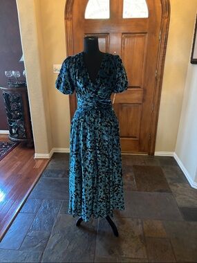 Blue Velvet Floral Midi Dress by Anthropologie